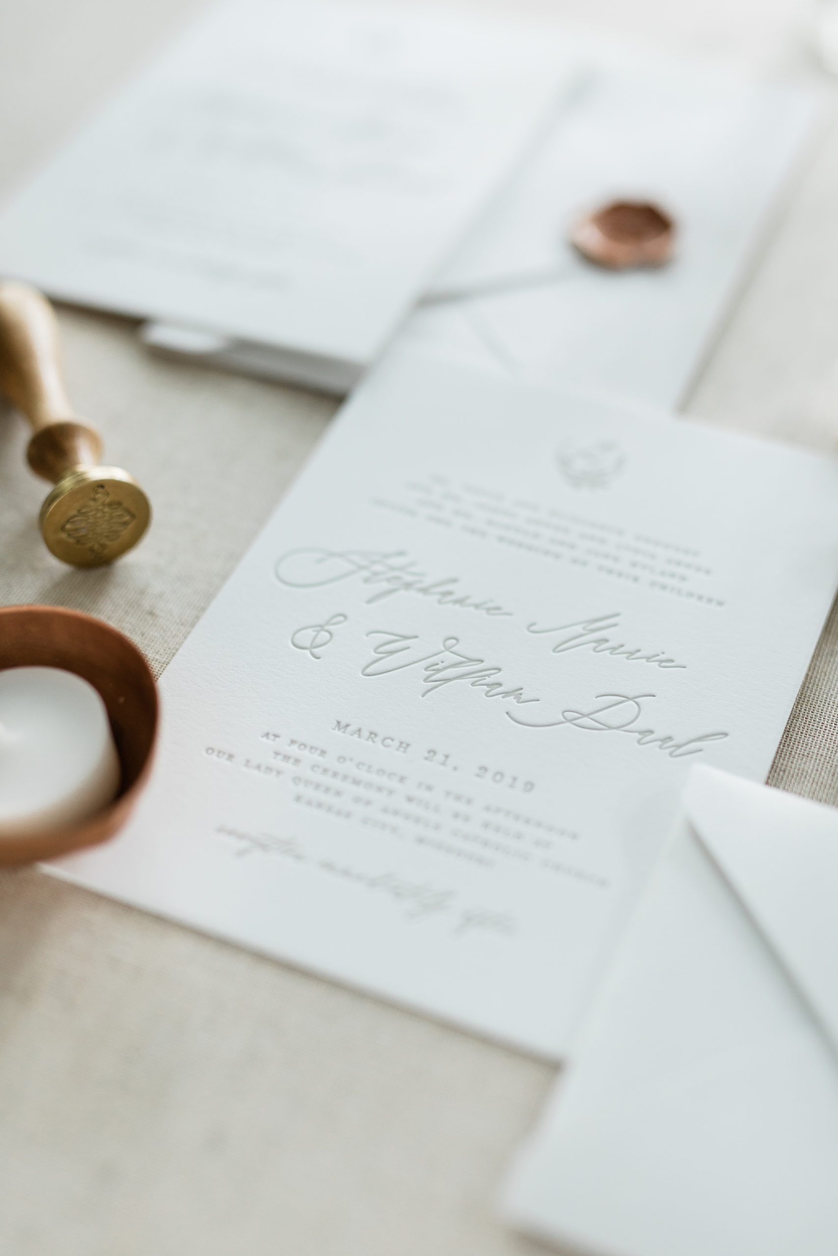 letterpress wedding invitation flat lay